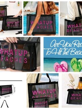 Black Mesh Tote Bag with Pink 'WHATUP BEACHES' Text